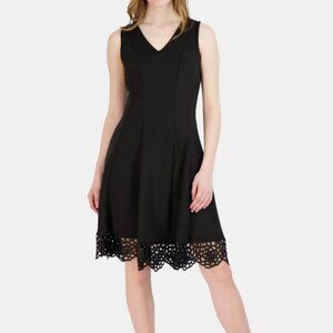 Donna Rico Women's Flare Sleeveless Embroidered Hem Black Dress Size 10